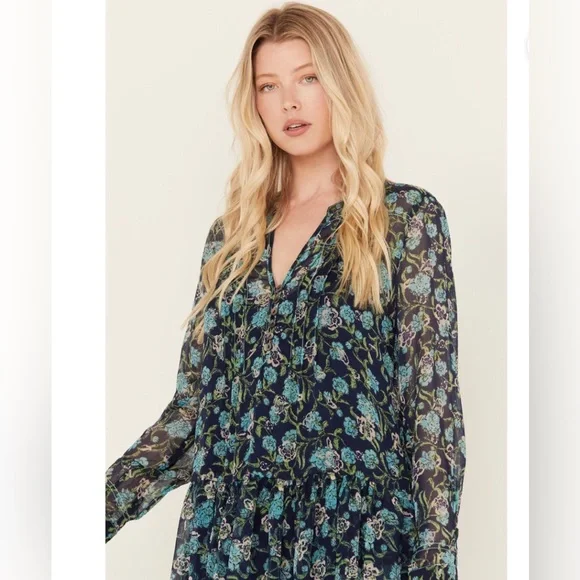 Free People Blue See It Through Floral Long Sleeve Maxi Dress size XS new - Picture 5 of 6